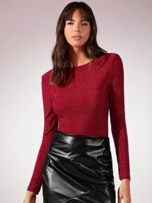 SHEIN Solid Long Sleeve Glitter Top - Red - View 1