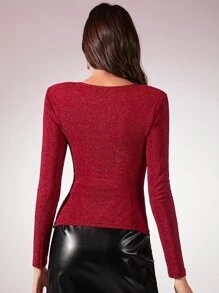 SHEIN Solid Long Sleeve Glitter Top - Red - View 2