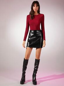 SHEIN Solid Long Sleeve Glitter Top - Red - View 3