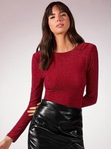 SHEIN Solid Long Sleeve Glitter Top - Red - View 4