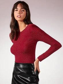 SHEIN Solid Long Sleeve Glitter Top - Red - View 5