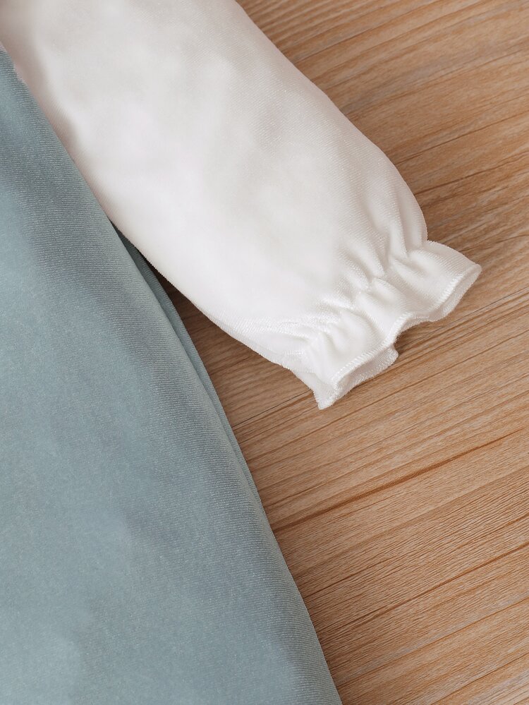 女嬰蝴蝶結棉布燒花邊假兩件天鵝絨連身長褲和髮帶 - 薄荷藍 - 查看 5