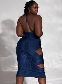SHEIN Unity Plus Backless Cut Out Side Halter Bodycon Dress - Navy Blue - View 2