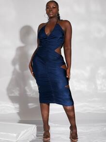 SHEIN Unity Plus Backless Cut Out Side Halter Bodycon Dress - Navy Blue - View 6