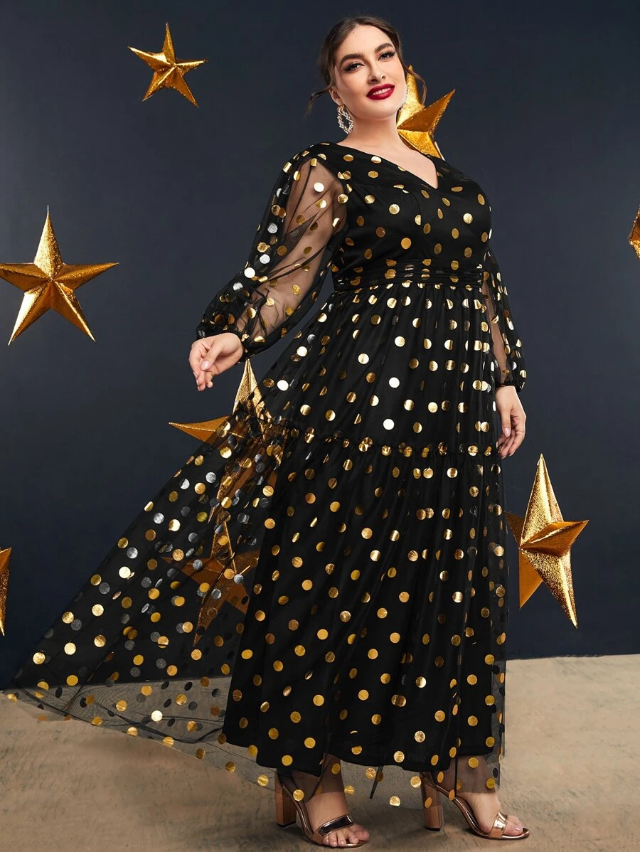 Plus Golden Dot Print Lantern Sleeve Ruffle Hem Mesh Dress - Black - View 1