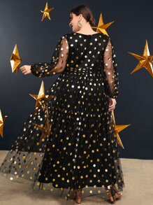 Plus Golden Dot Print Lantern Sleeve Ruffle Hem Mesh Dress - Black - View 2