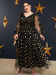 Plus Golden Dot Print Lantern Sleeve Ruffle Hem Mesh Dress - Black - View 4