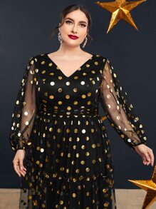Plus Golden Dot Print Lantern Sleeve Ruffle Hem Mesh Dress - Black - View 5