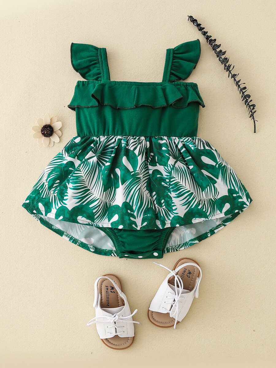 嬰兒熱帶圖案荷葉邊拼接連體衣連衣裙 - 綠色 - 查看 1