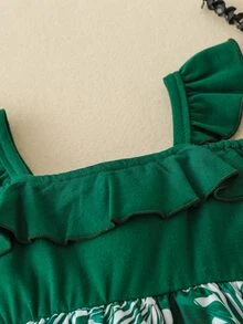 嬰兒熱帶圖案荷葉邊拼接連體衣連衣裙 - 綠色 - 查看 4