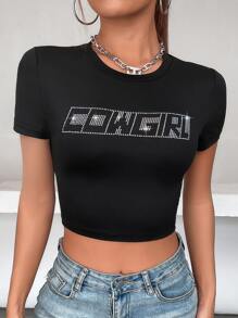 Camiseta corta con diamante de imitación con letra - Negro - Ver 3