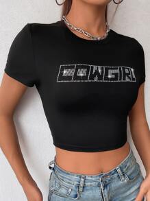 Camiseta corta con diamante de imitación con letra - Negro - Ver 4