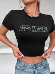 Camiseta corta con diamante de imitación con letra - Negro - Ver 5