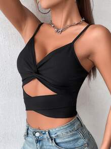 SHEIN Unity Cut Out Twist Front Tie Back Crop Cami Top - Black - View 3