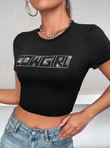Camiseta corta con diamante de imitación con letra - Negro - Ver 6