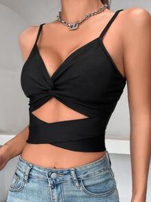SHEIN Unity Cut Out Twist Front Tie Back Crop Cami Top - Black - View 4