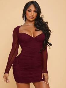 SHEIN 透視網紗袖胸部褶皺緊身連衣裙 - 紫紅色 - 查看 1