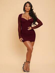 SHEIN 透視網紗袖胸部褶皺緊身連衣裙 - 紫紅色 - 查看 3