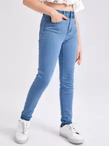 Tween Girl Solid Pocket Detail Washed Jeans - Medium Wash - View 1