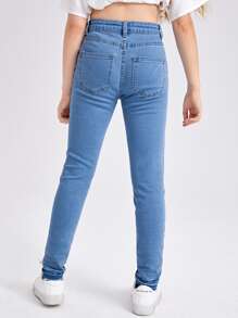 Tween Girl Solid Pocket Detail Washed Jeans - Medium Wash - View 2