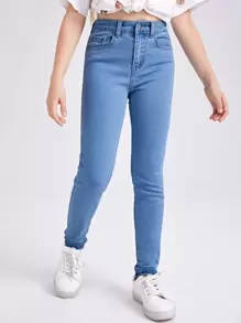 Tween Girl Solid Pocket Detail Washed Jeans - Medium Wash - View 4