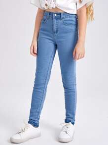 Tween Girl Solid Pocket Detail Washed Jeans - Medium Wash - View 5
