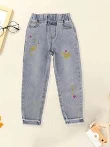 小女童月亮和星星印花牛仔褲 - 淺色水洗藍 - 查看 1