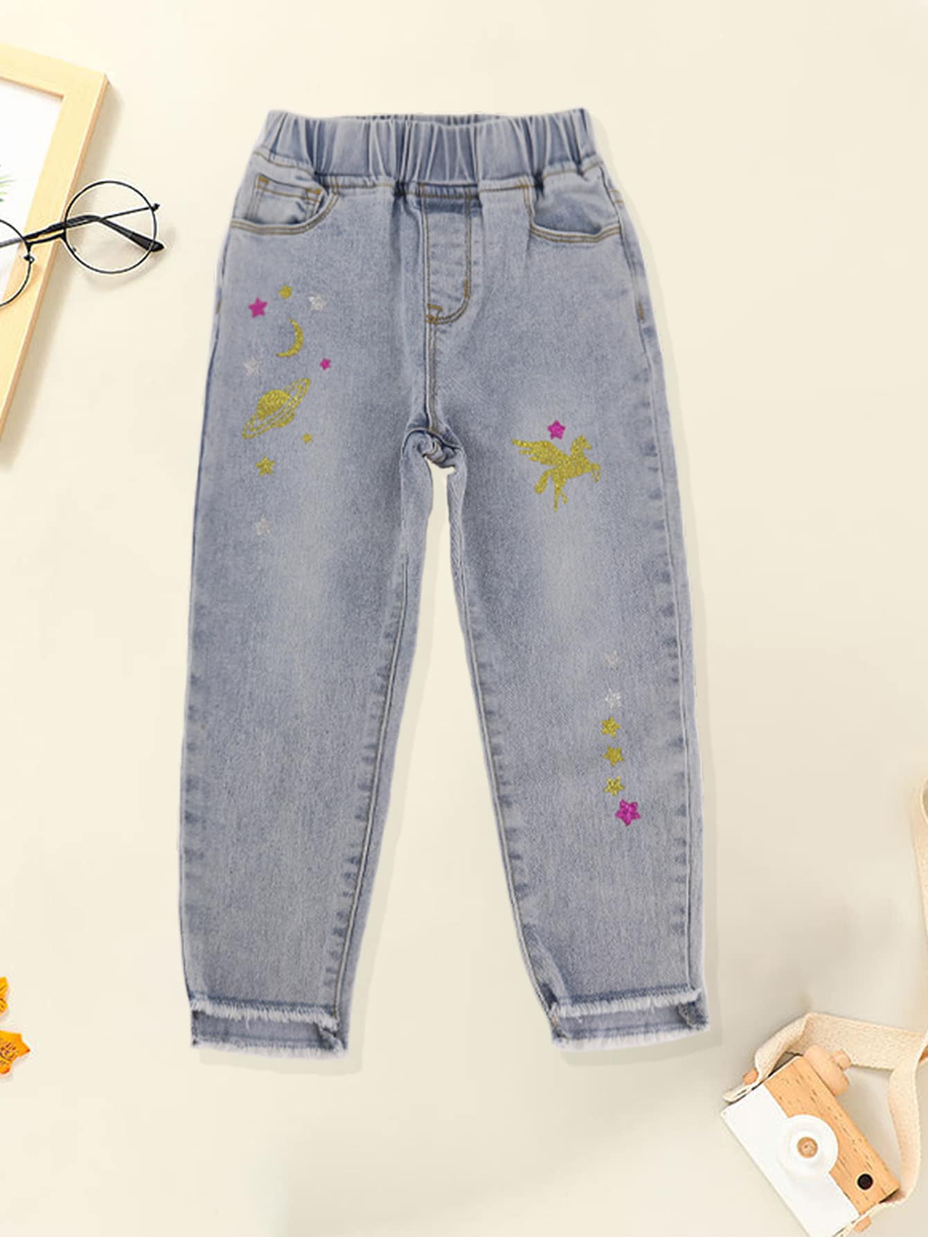 小女童月亮和星星印花牛仔褲 - 淺色水洗藍 - 查看 1