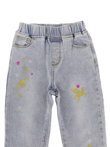 小女童月亮和星星印花牛仔褲 - 淺色水洗藍 - 查看 3