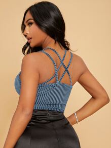 SHEIN SXY Top corto de tirantes con tira cruzada tejido de canalé de terciopelo - Neblina azul - Ver 2