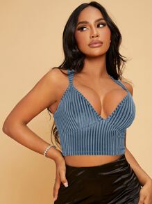 SHEIN SXY Top corto de tirantes con tira cruzada tejido de canalé de terciopelo - Neblina azul - Ver 6