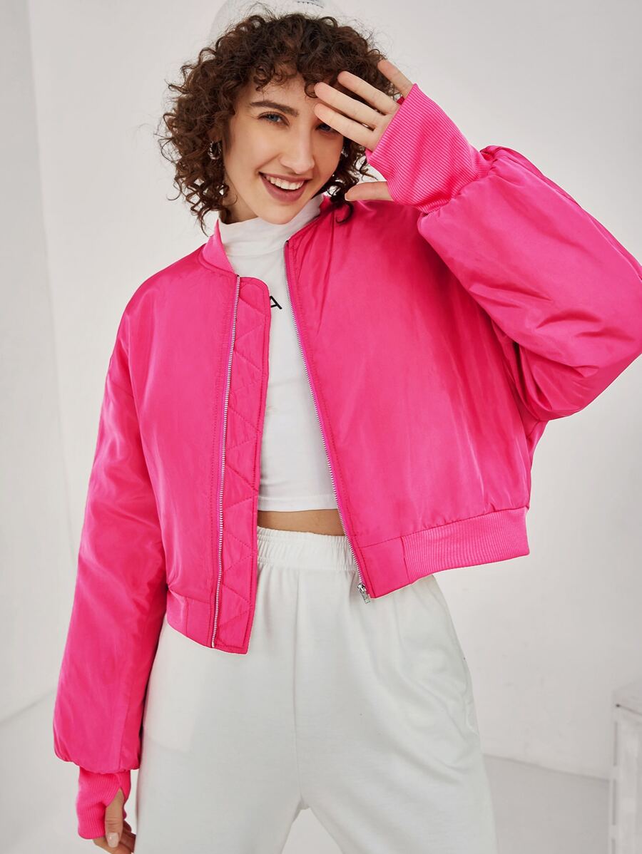 SHEIN Neon Pink Quilted Bomber Jacket - Hot Pink - View 1