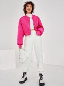 SHEIN Neon Pink Quilted Bomber Jacket - Hot Pink - View 3