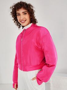 SHEIN Neon Pink Quilted Bomber Jacket - Hot Pink - View 4