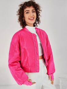 SHEIN Neon Pink Quilted Bomber Jacket - Hot Pink - View 5