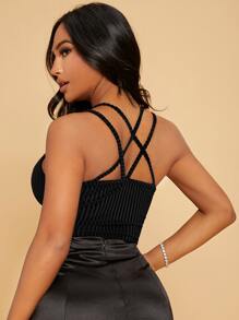 SHEIN SXY Criss Cross Rib-knit Velvet Cami Crop Top - Black - View 2