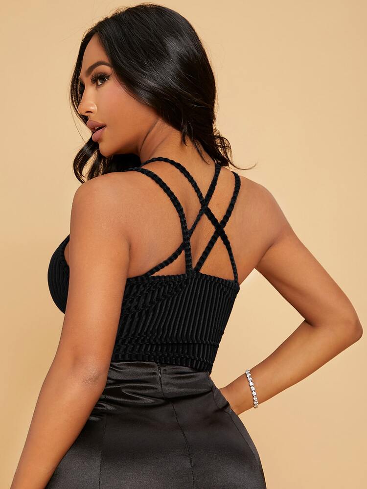 SHEIN SXY Criss Cross Rib-knit Velvet Cami Crop Top - Black - View 2