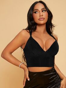 SHEIN SXY Criss Cross Rib-knit Velvet Cami Crop Top - Black - View 5