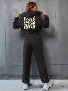 SHEIN EZwear Slogan Graphic Drop Shoulder Drawstring Crop Hoodie & Sweatpants