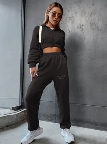 SHEIN EZwear Slogan Graphic Drop Shoulder Drawstring Crop Hoodie & Sweatpants