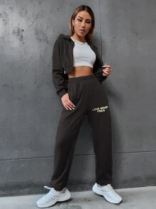 SHEIN EZwear Slogan Graphic Drop Shoulder Drawstring Crop Hoodie & Sweatpants