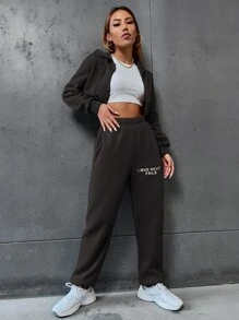 SHEIN EZwear Slogan Graphic Drop Shoulder Drawstring Crop Hoodie & Sweatpants