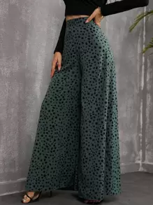SHEIN Holidaya Pantalones de pierna ancha con estampado de lunares - Verde Oscuro - Ver 3