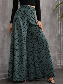 SHEIN Holidaya Pantalones de pierna ancha con estampado de lunares - Verde Oscuro - Ver 5