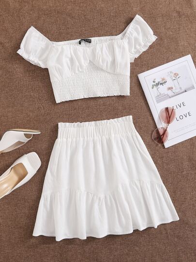 Ruched Bust Shirred Crop Top & Ruffle Hem Skirt Set