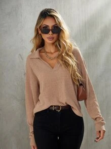 SHEIN LUNE Drop Shoulder Rib-knit Tee - Apricot - View 3