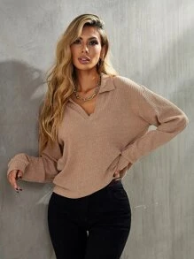SHEIN LUNE Drop Shoulder Rib-knit Tee - Apricot - View 4