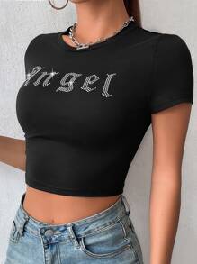 Chiquease Camiseta corta con estampado gráfico de letras, camisetas gráficas para mujer - Negro - Ver 4