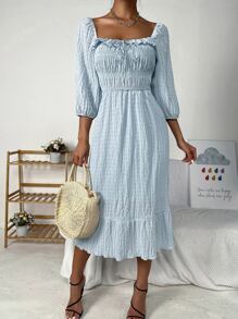 Chiquease Tie Front Ruffle Trim Flounce Hem Dress - Baby Blue - View 3