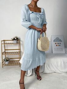 Chiquease Tie Front Ruffle Trim Flounce Hem Dress - Baby Blue - View 4